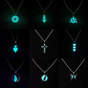 Glow In The Dark Necklace for Men Stainless Steel Punk Necklaces Luminous Butterfly Heart Pendant Party Jewelry Gift for Women