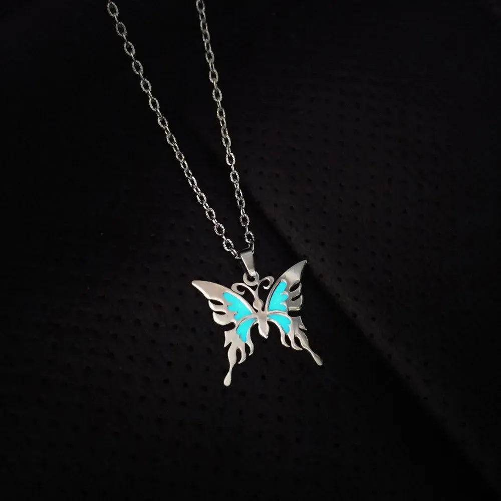 Glow In The Dark Necklace for Men Stainless Steel Punk Necklaces Luminous Butterfly Heart Pendant Party Jewelry Gift for Women