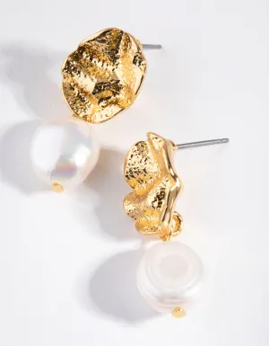 Gold Plated Crater Stud Freshwater Pearl Earrings