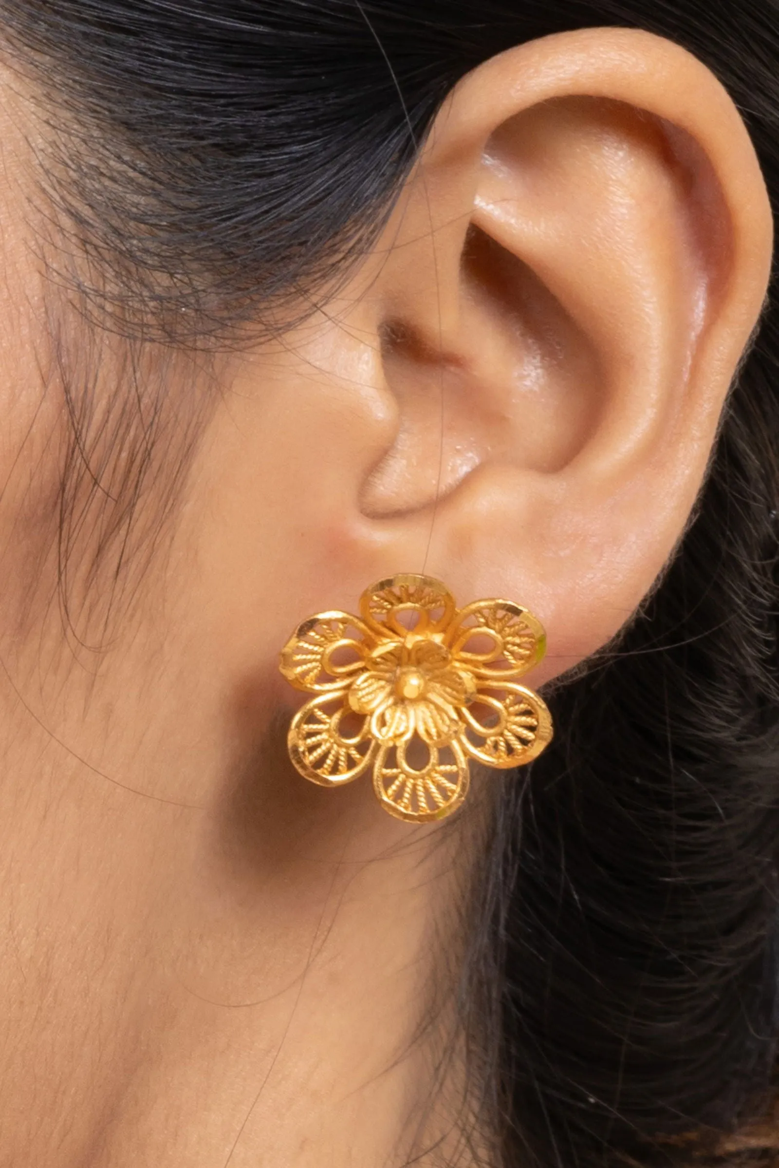 Gold Plated Double Floral Stud Earrings - Copper Jewelry with Luxurious Shine