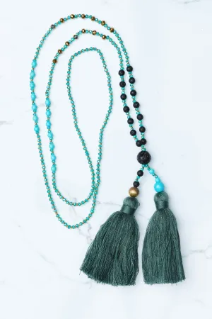 Green Multi Beaded Double Tassel Necklace