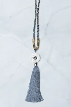 Grey Circle Pendant Tassel Necklace