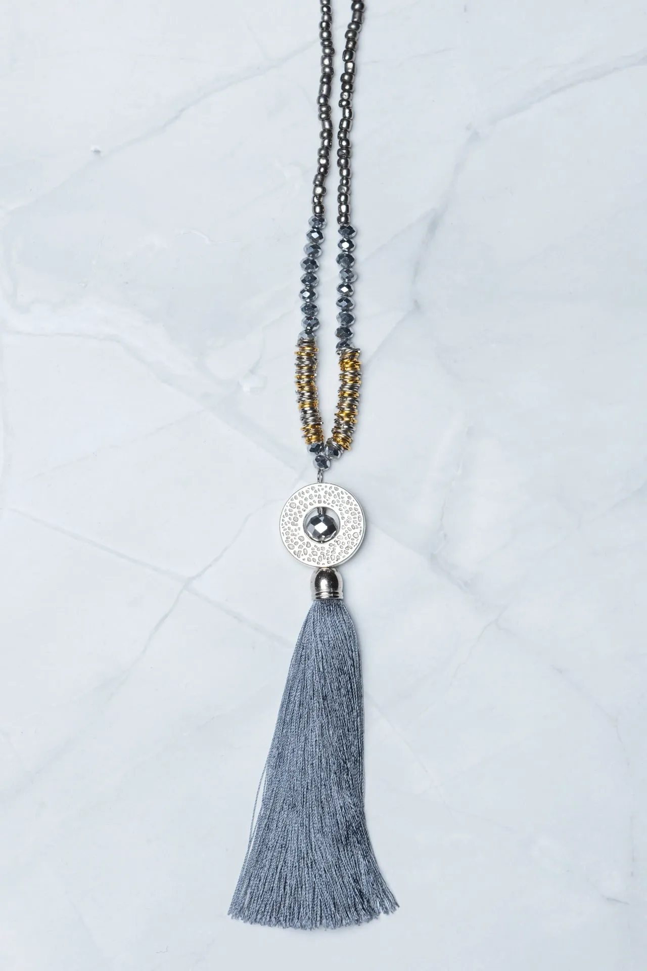 Grey Circle Pendant Tassel Necklace