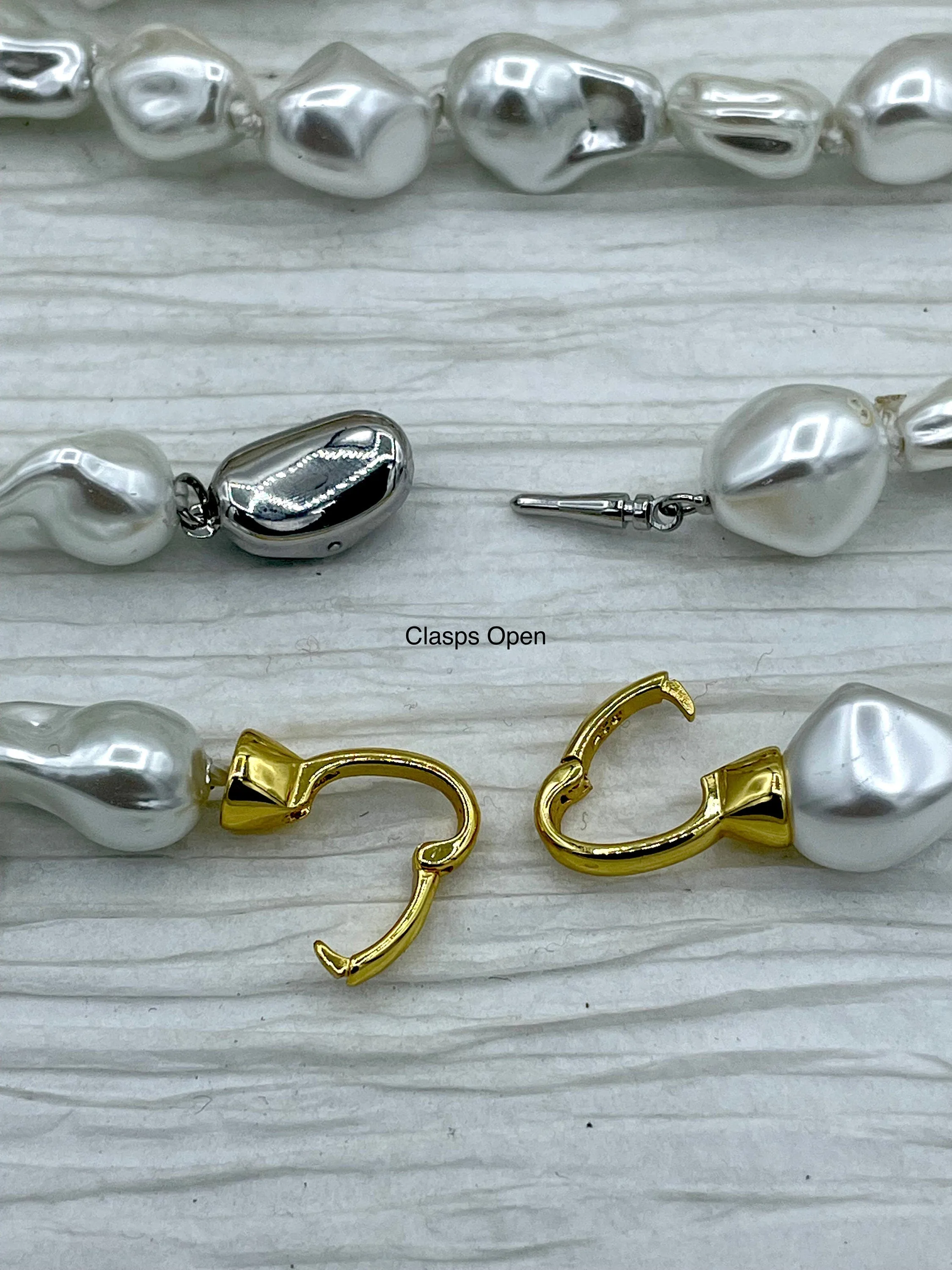 Hand Knotted Vintage Porcelain White Glass Pearl Replica Freshwater Baroque Shape,Gold Double clasp or Silver Bean shape clasp,18".Fast Ship