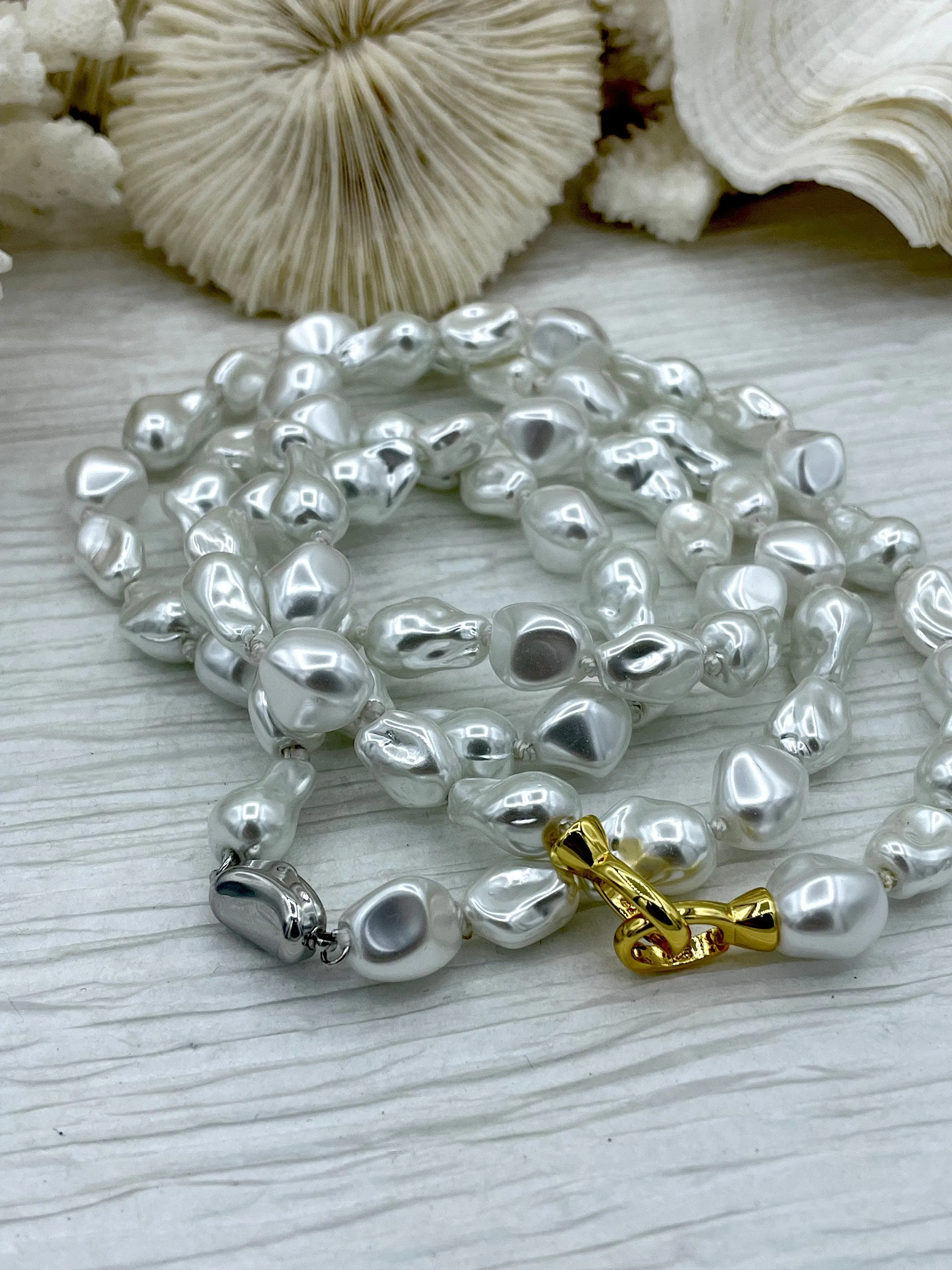 Hand Knotted Vintage Porcelain White Glass Pearl Replica Freshwater Baroque Shape,Gold Double clasp or Silver Bean shape clasp,18".Fast Ship