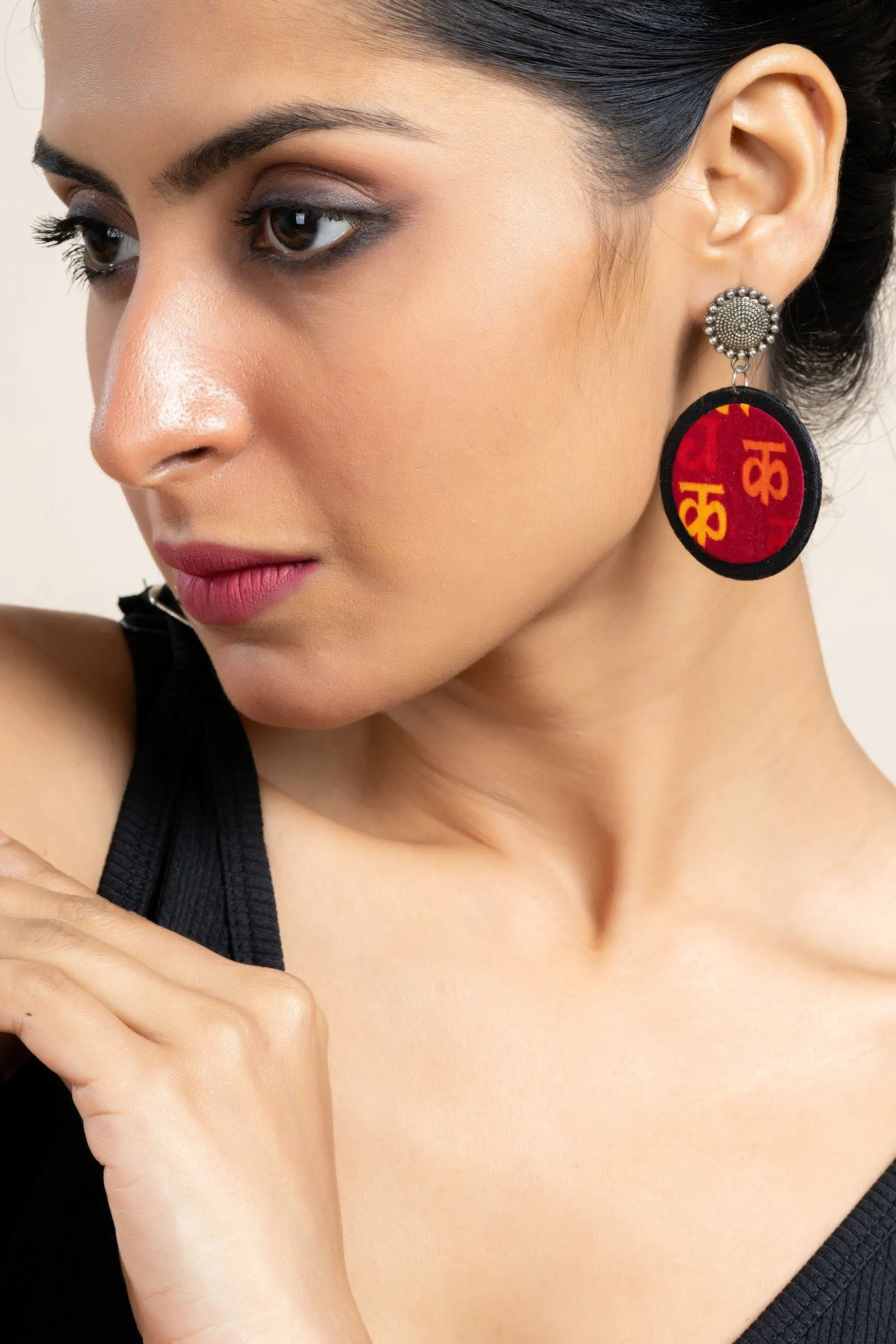 Handmade Red Yellow Black Scripted Fabric with Oxidized Floral Stud Earrings, Unique Artisanal Jewelry