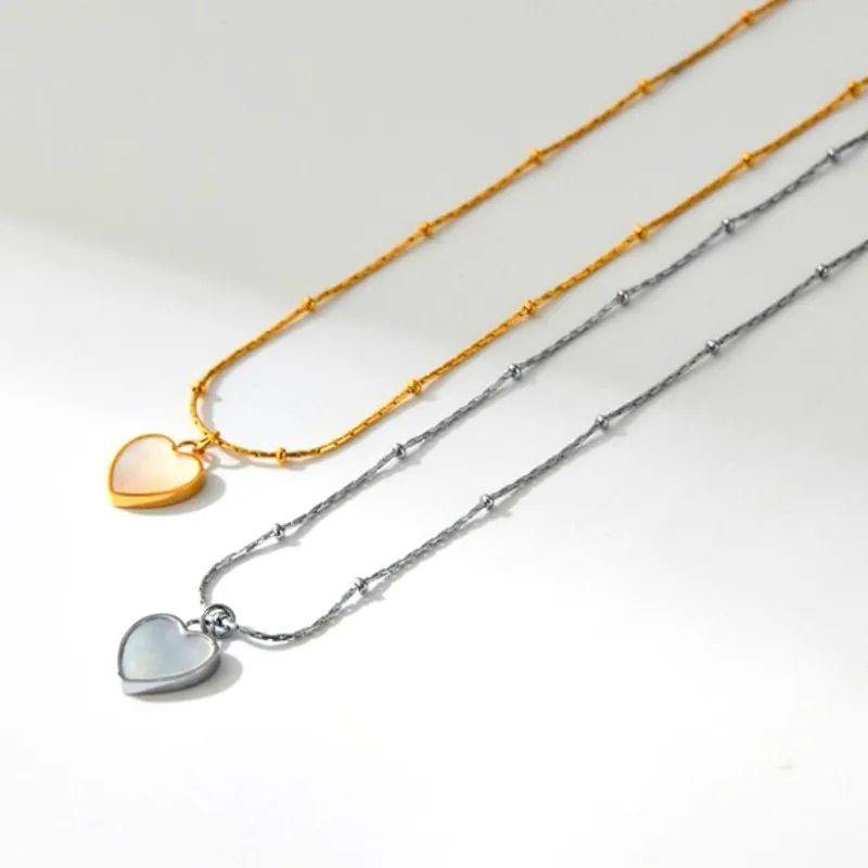 Heart Shaped Mother of Pearl Collarbone Chain Necklace Stainless Steel