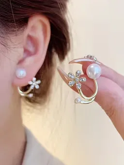 Korean Floral Pearl Stud Earrings - Beautifully Crafted Adornments