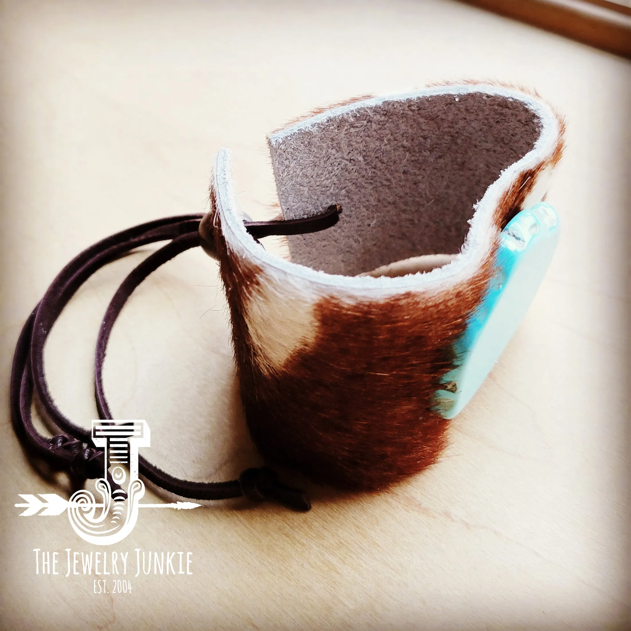 **Leather Cuff w/ Tie-Axis Deer Hide w/ Turquoise Slab 001e