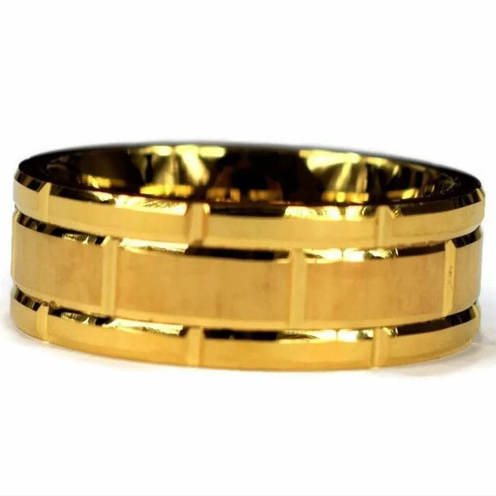 Men's Fashion Simple Tungsten Carbide Gold Color Grooved Ring