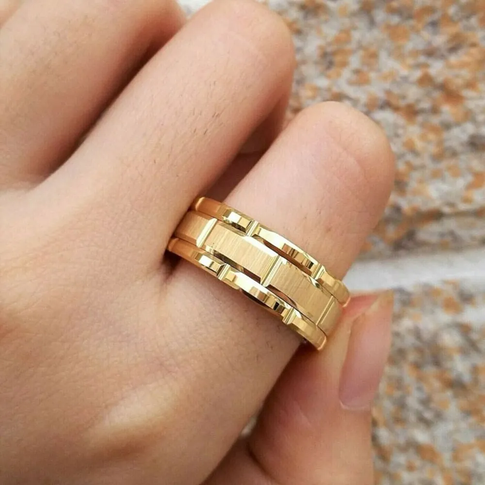 Men's Fashion Simple Tungsten Carbide Gold Color Grooved Ring