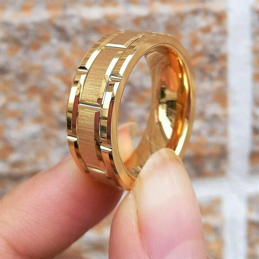 Men's Fashion Simple Tungsten Carbide Gold Color Grooved Ring