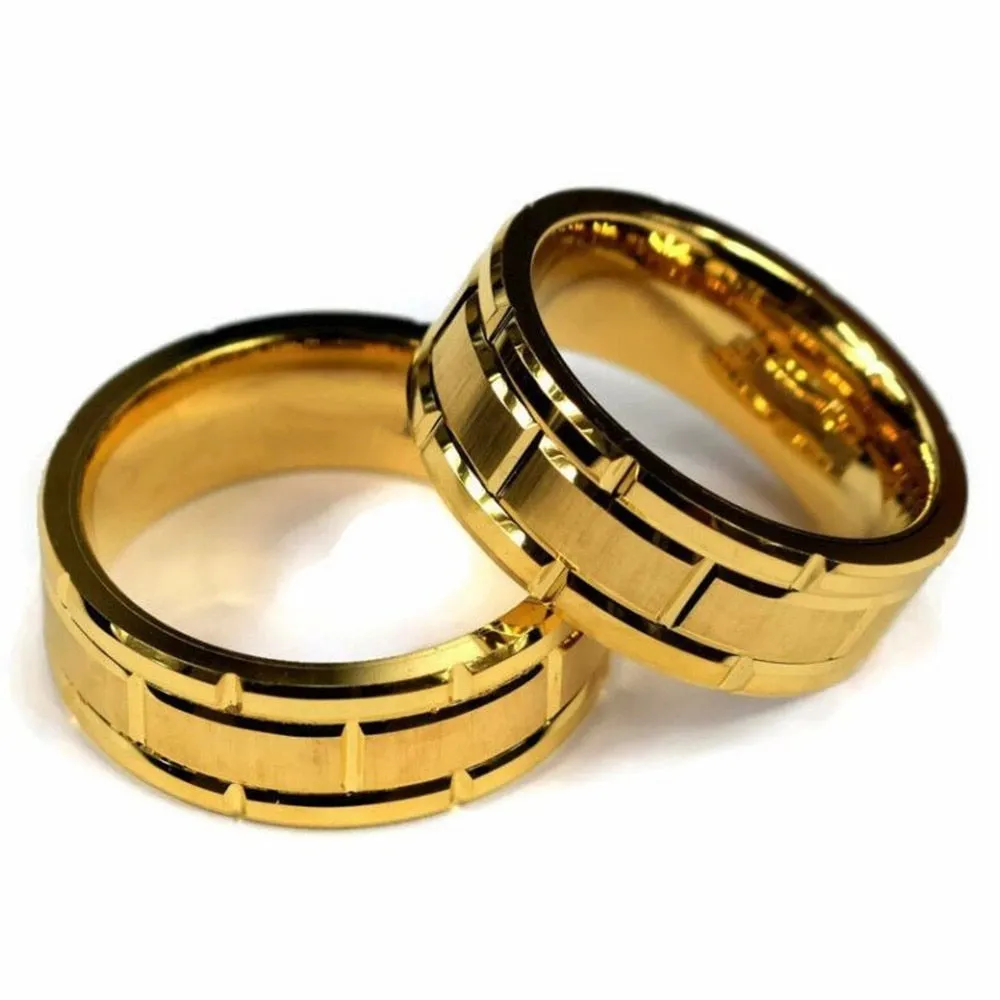 Men's Fashion Simple Tungsten Carbide Gold Color Grooved Ring