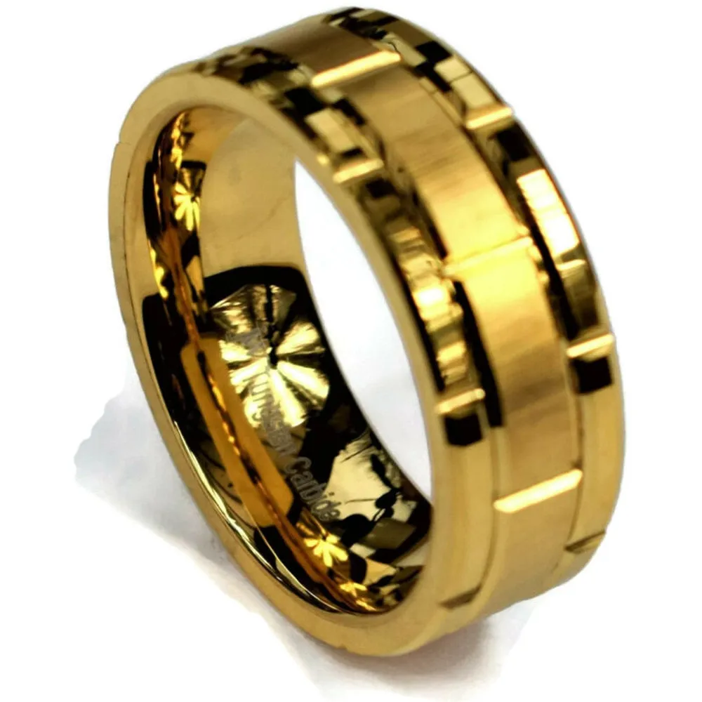 Men's Fashion Simple Tungsten Carbide Gold Color Grooved Ring