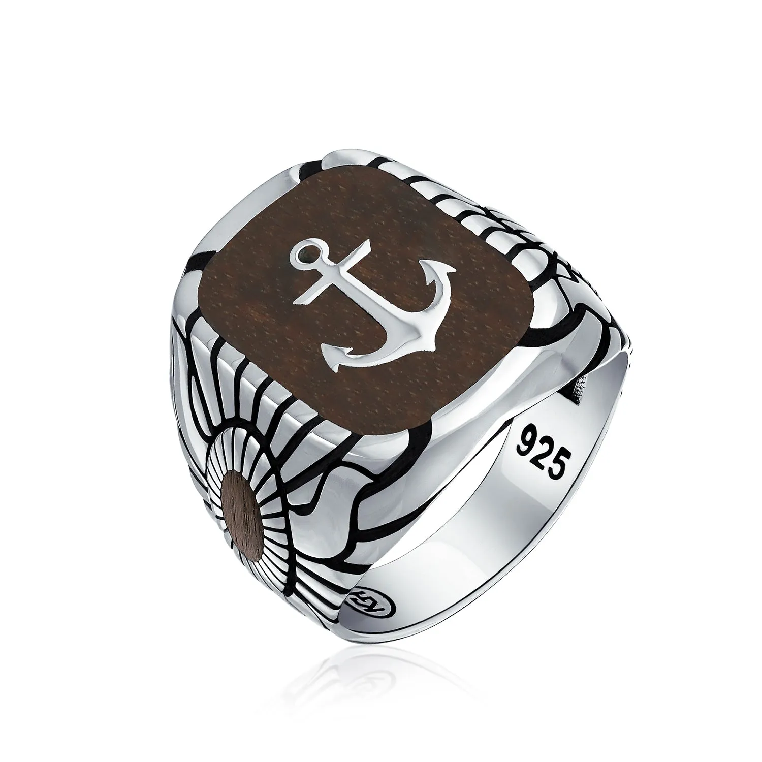 Mens Silver Ring with Nautical Etched Wood Inset and Anchor Design Sterling Silver