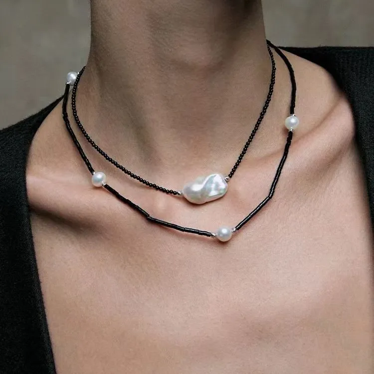 Minimalist Modern Baroque Pearl Black Agate Beaded Necklace