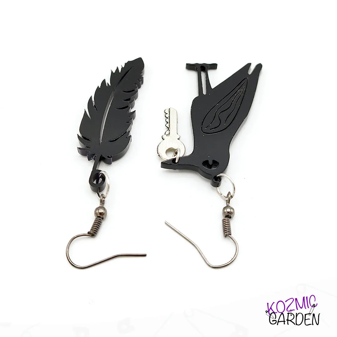 Mismatched Raven Feather Earrings - Unique Gothic Bird Jewelry!