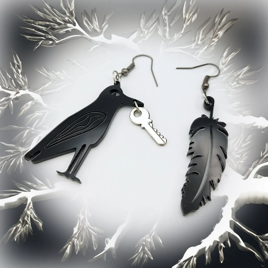 Mismatched Raven Feather Earrings - Unique Gothic Bird Jewelry!