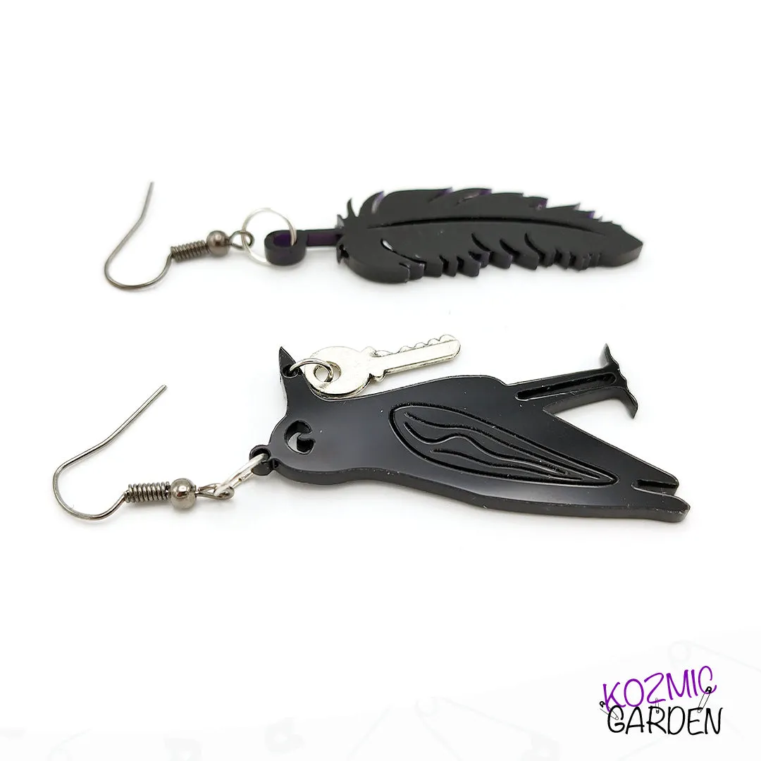 Mismatched Raven Feather Earrings - Unique Gothic Bird Jewelry!