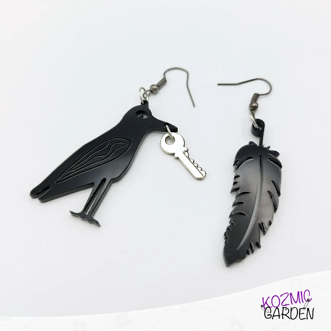 Mismatched Raven Feather Earrings - Unique Gothic Bird Jewelry!