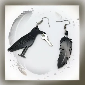 Mismatched Raven Feather Earrings - Unique Gothic Bird Jewelry!