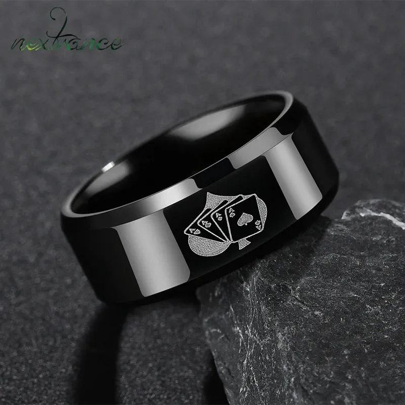 Nextvance 8mm Black Playing Cards Simple Ring Stainless Steel Spades Poker Finger Rings For Men Lucky Jewelry Drop Shipping