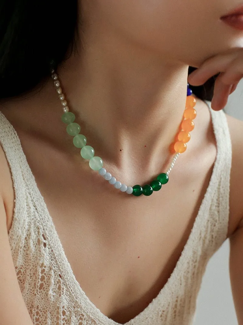 Pearl and Multicolored Gemstone Beaded Necklace-Yellow Blue Green Necklace