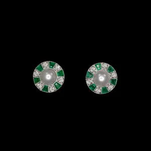 PEARL DIAMOND EMERALD STUD EARRINGS VINTAGE STYLE WHITE GOLD HALO GREEN NATURAL