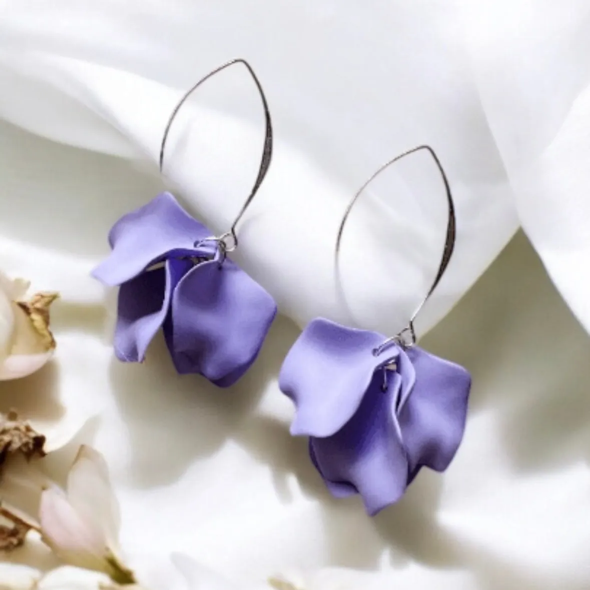 Purple - Sweet purple petals earrings | silver metal colourful floral earrings | unique baroque english garden flower earrings | wedding bridal party