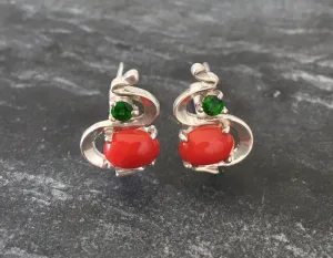 Red Coral Earrings - Wave Silver Earrings - Chrome Diopside Earrings