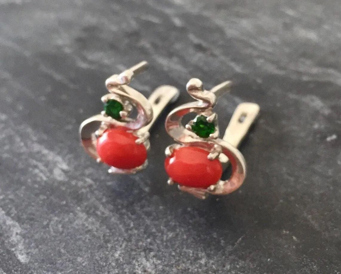 Red Coral Earrings - Wave Silver Earrings - Chrome Diopside Earrings