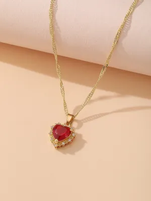 Red Cubic Zirconia Heart Charm Necklace Jewelry for Women Gift for Her Necklace