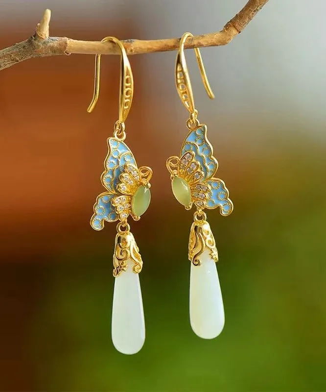 Retro Gold Sterling Silver Overgild Jade Enamel Butterfly Water Drop Drop Earrings AC1056