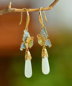 Retro Gold Sterling Silver Overgild Jade Enamel Butterfly Water Drop Drop Earrings AC1056