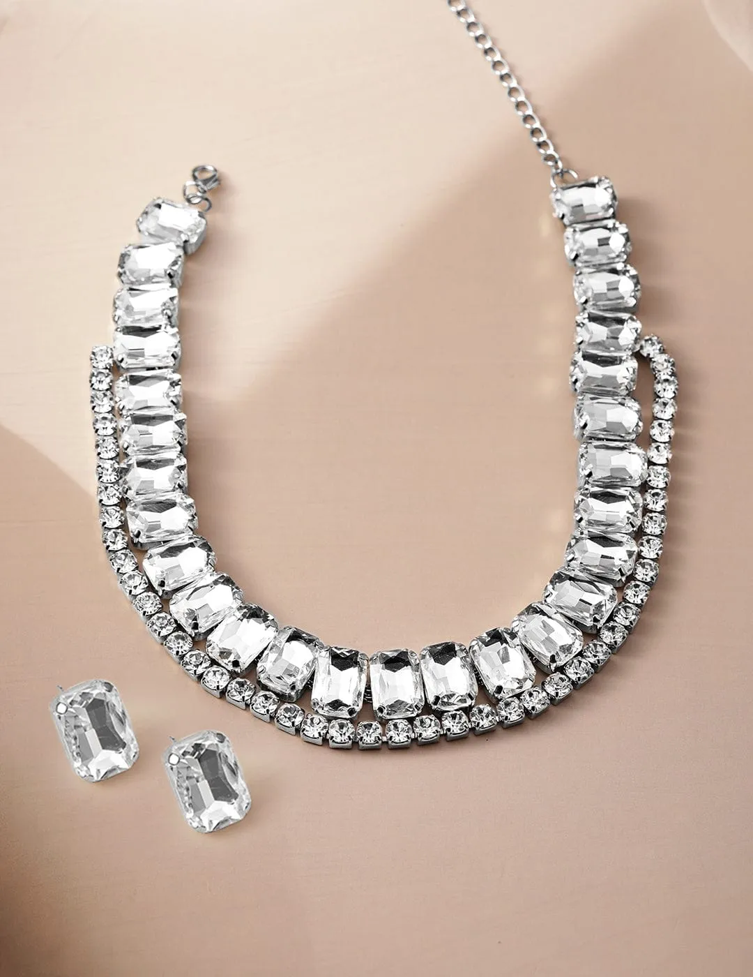 Rhodium Plated Crystal AD & Cubic Zirconia Studded Luxurious Necklace Set