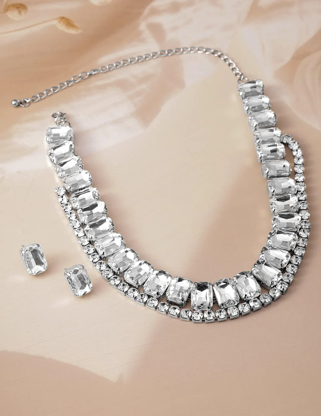 Rhodium Plated Crystal AD & Cubic Zirconia Studded Luxurious Necklace Set