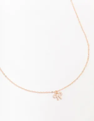 Rose Gold Cubic Zirconia Diamante Bow Pendant Necklace