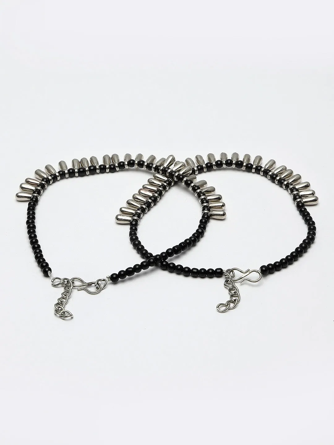 Set Of 2 Silver-Plated Black Beaded Handcrafted Anklets