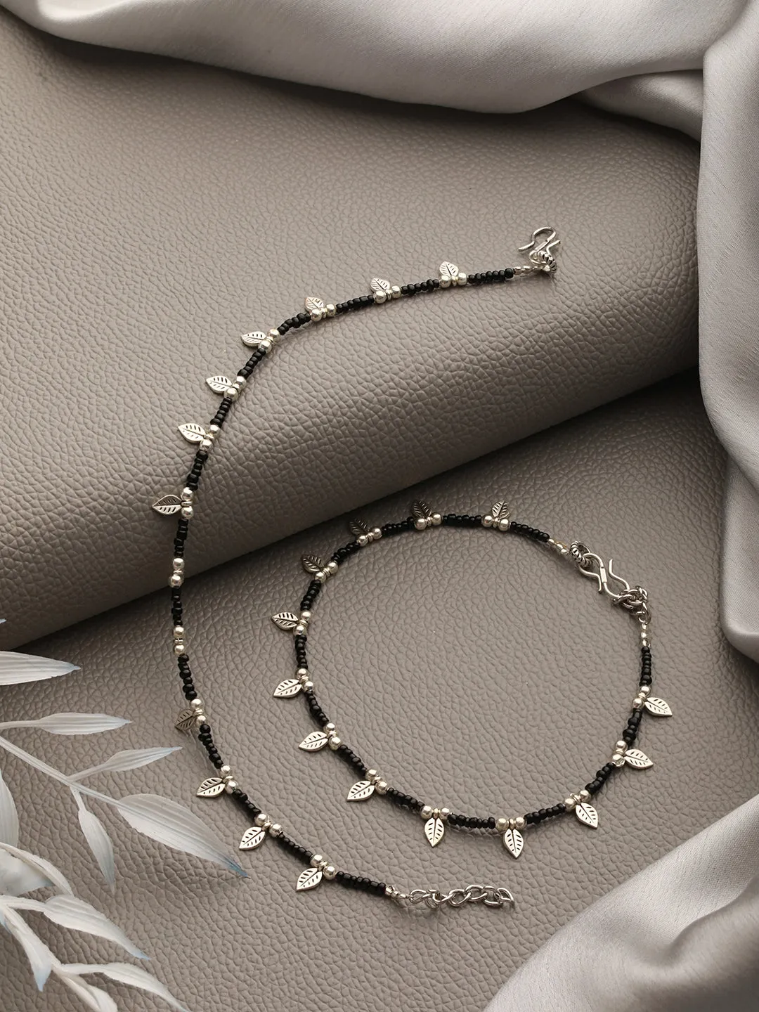 Silver-Plated & Beaded Leaf Anklets