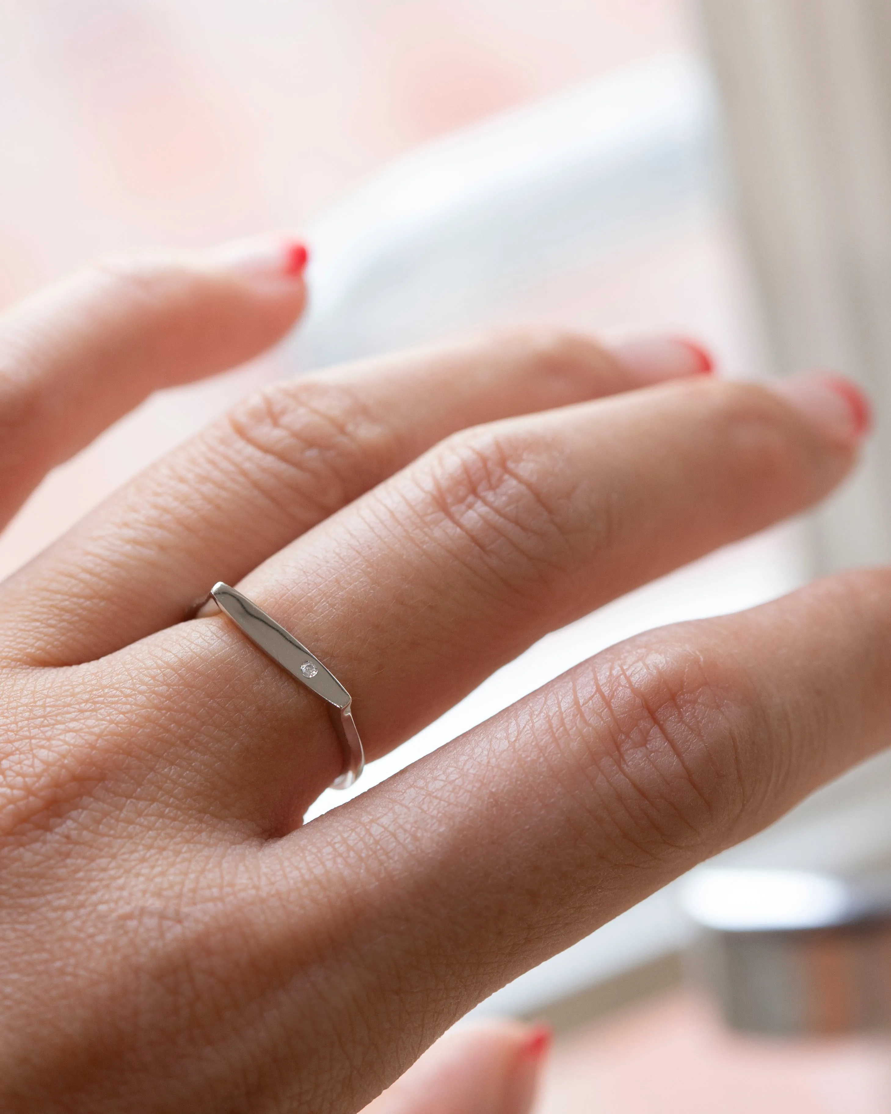 Silver signet bar ring with CZ