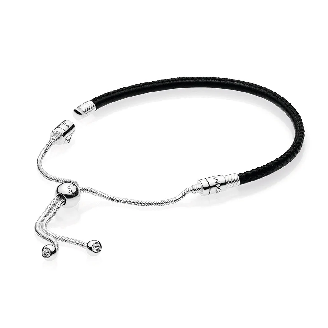 Silver sliding bracelet with black leather and clear cubic zirconia