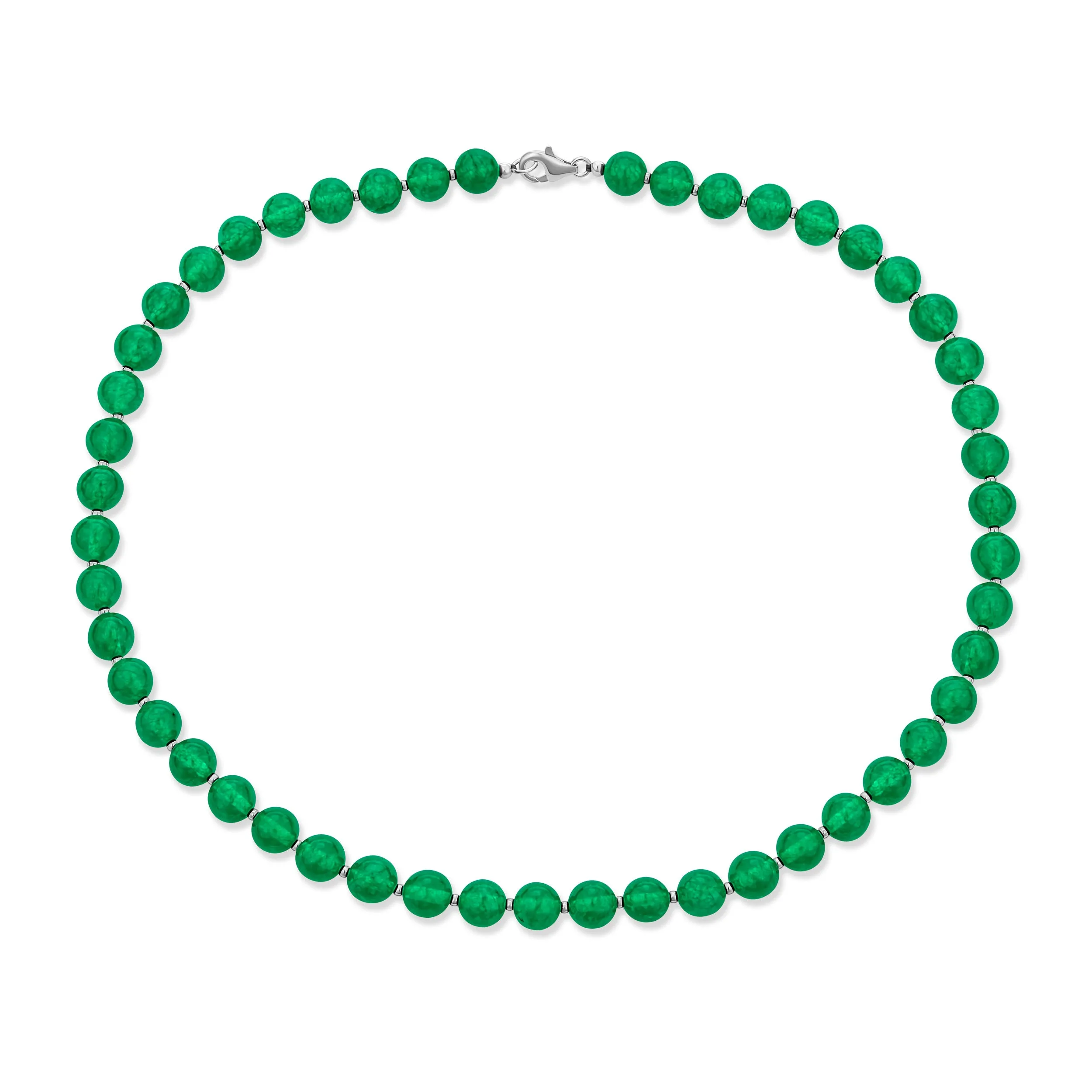 Simple 7MM Green Agate Simulated Jade Strand Necklace Sterling Silver 19"