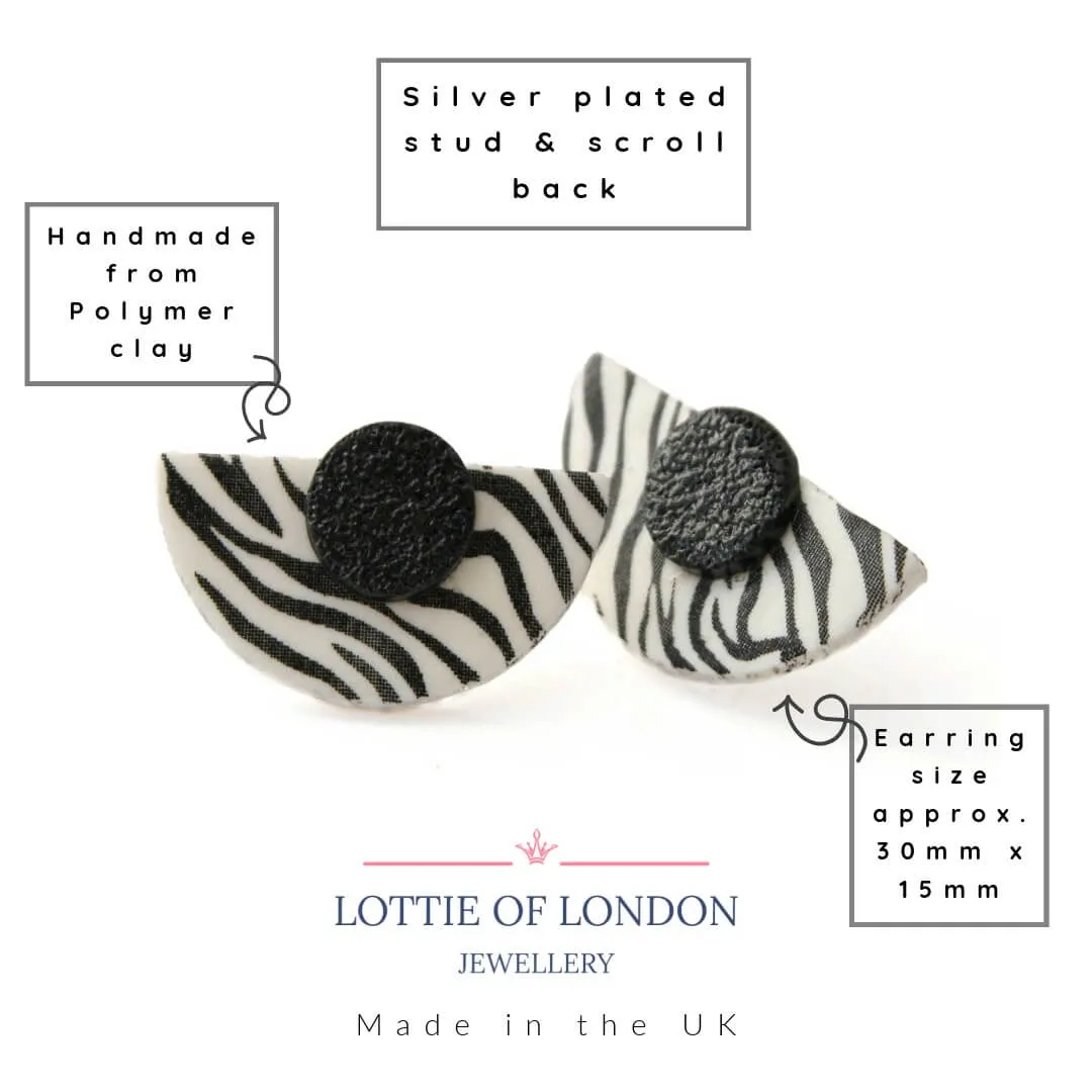 Statement Stud Earrings in Zebra Print | Unique Art Deco Style