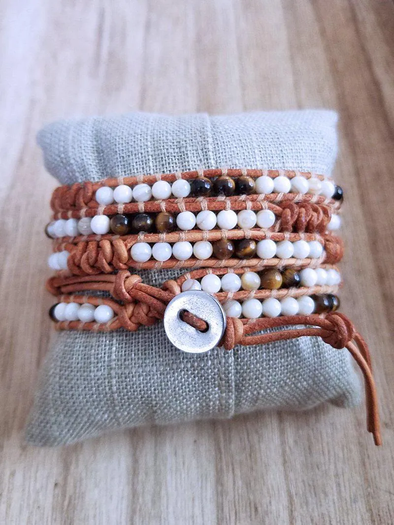 Tigereye and Mother of Pearl Leather Wrap Bracelet