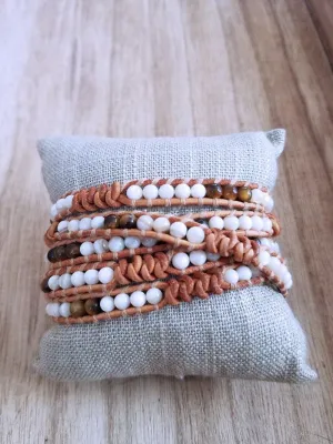 Tigereye and Mother of Pearl Leather Wrap Bracelet