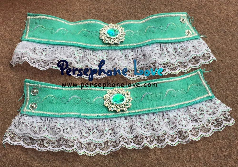 TWO green silver embroidered upcycled Victorian Rococo French chic look denim jean bracelets