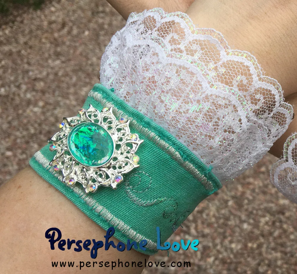 TWO green silver embroidered upcycled Victorian Rococo French chic look denim jean bracelets