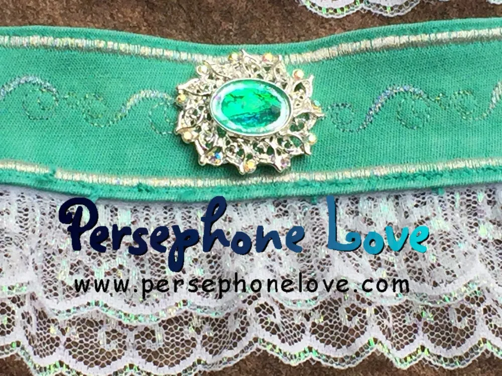 TWO green silver embroidered upcycled Victorian Rococo French chic look denim jean bracelets