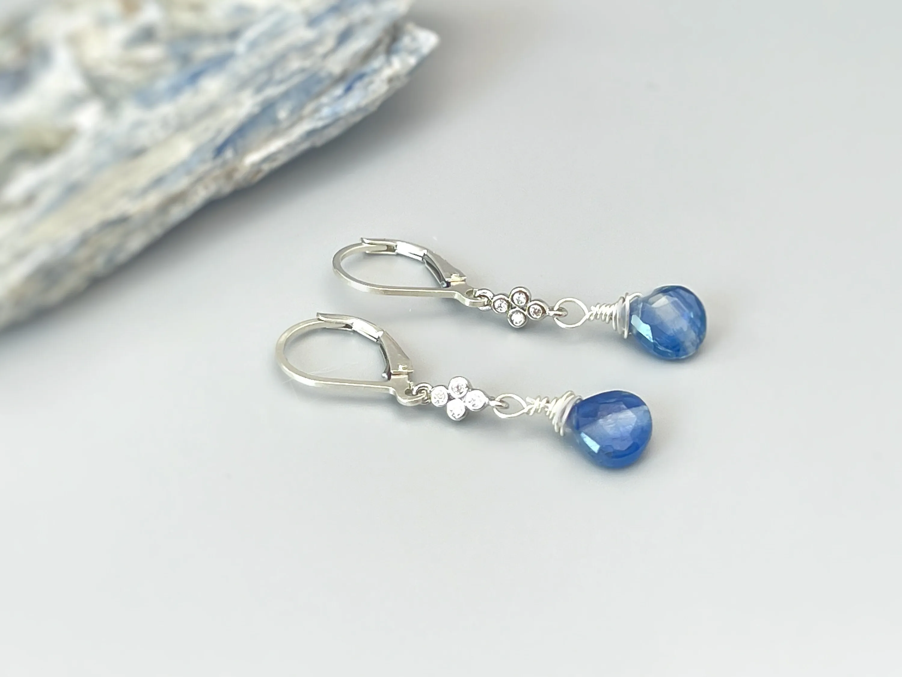 Unique Blue Kyanite earrings dangle, Sterling Silver Crystal