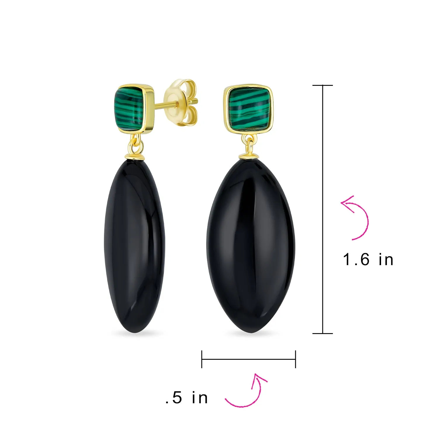 Unique Geometric Dangle Gemstone Earrings with Malachite & Onyx in Gold Plated